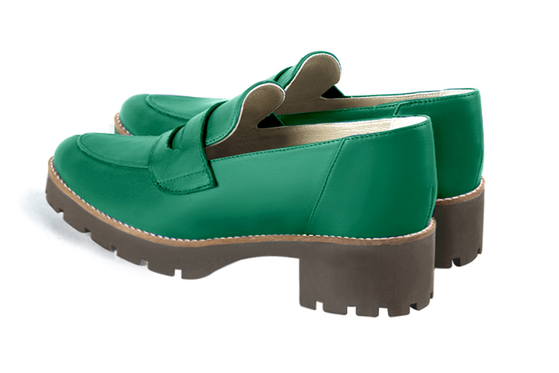 Emerald green women's casual loafers. Round toe. Low rubber soles. Rear view - Florence KOOIJMAN